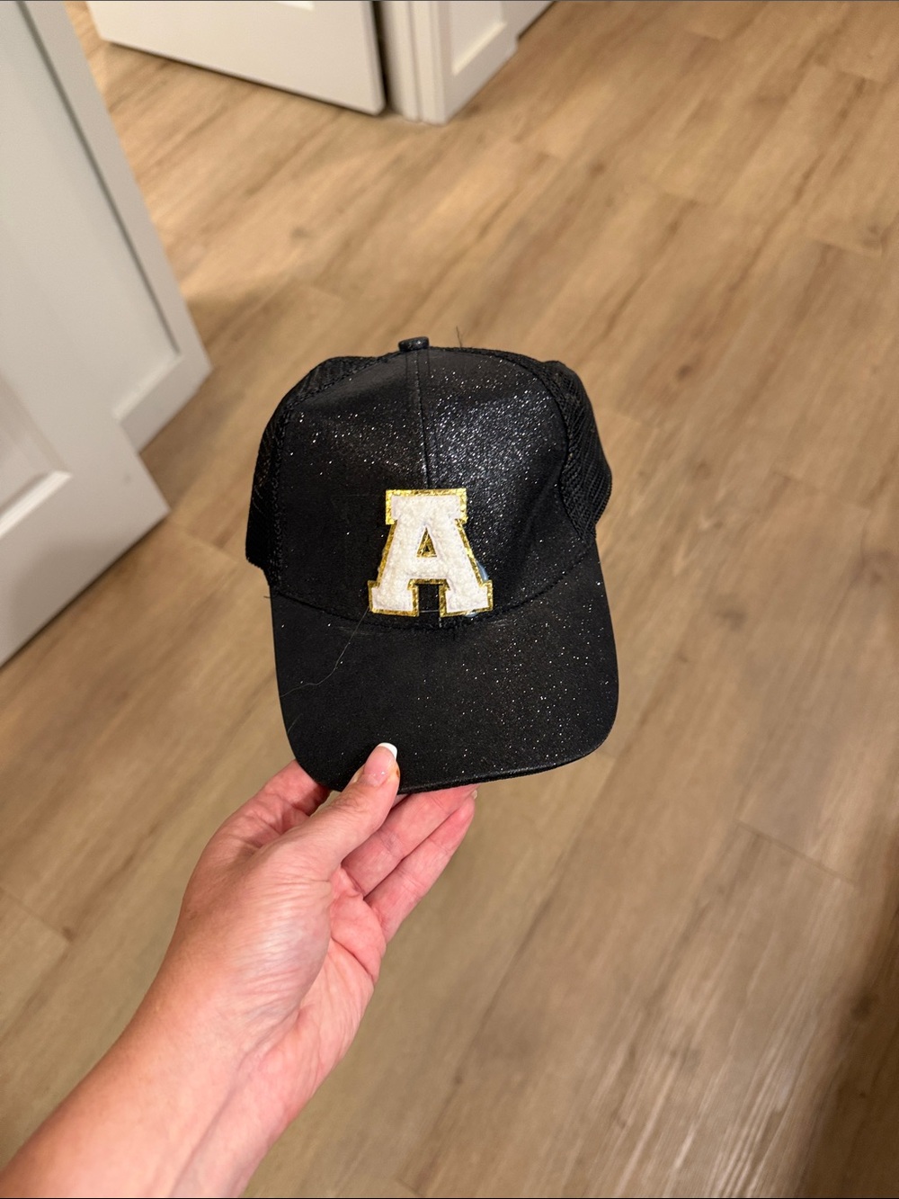 Black Sparkle Trucker Cap with White 'A' Patch